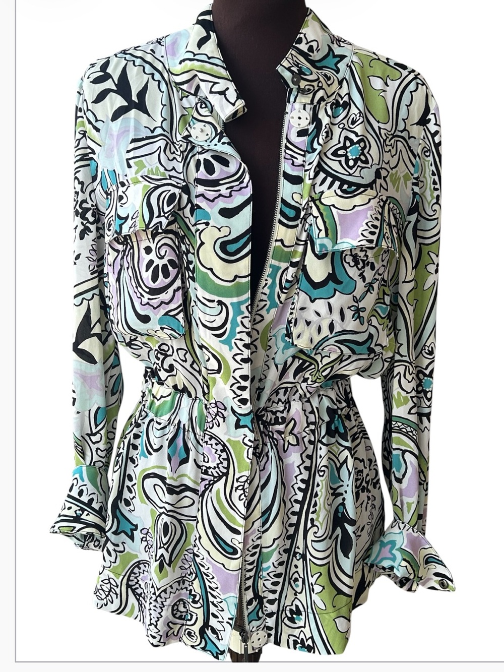 NWT CHICO’S s6 *BLACK LABEL*Paisley Print Drawstring Waist Shirt Jacket-zip/snap